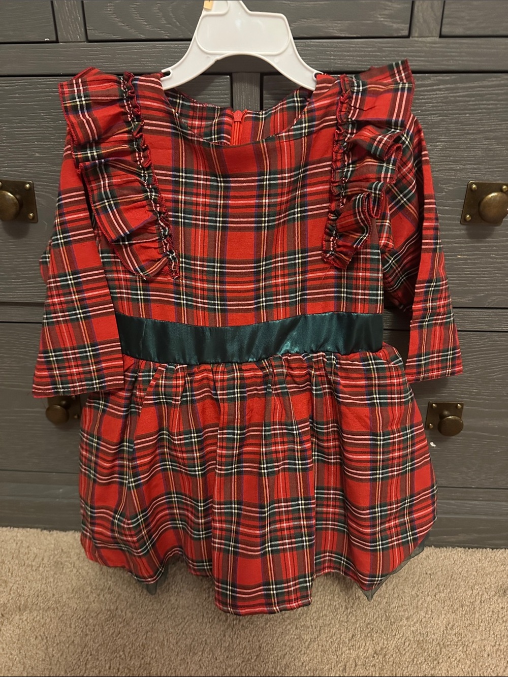 Red Plaid Girls' Holiday Dress with Green Sash